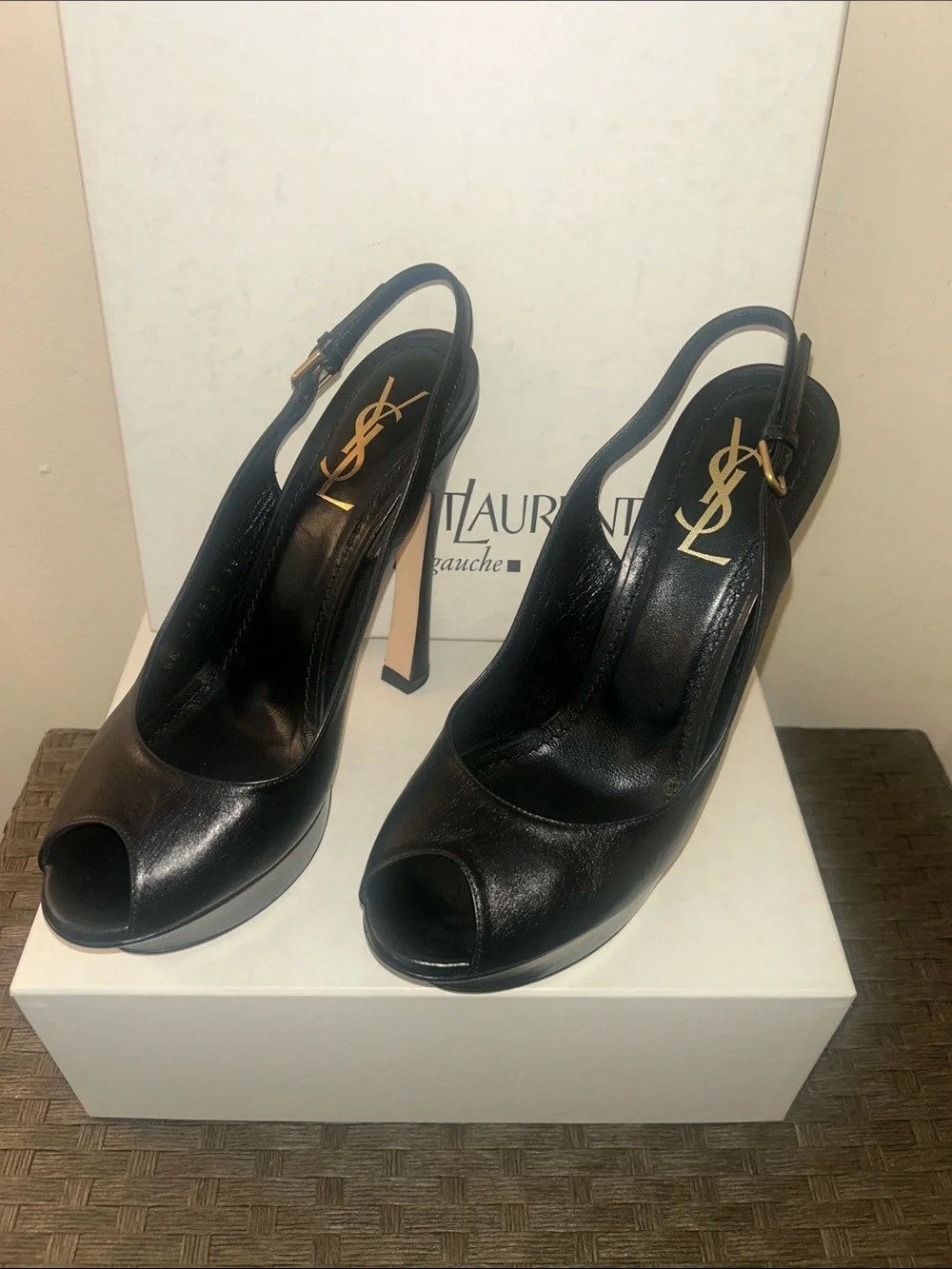 Saint Laurent Black Leather Peep-Toe Slingback Pumps with Gold YSL Logo - Picture 1 of 8